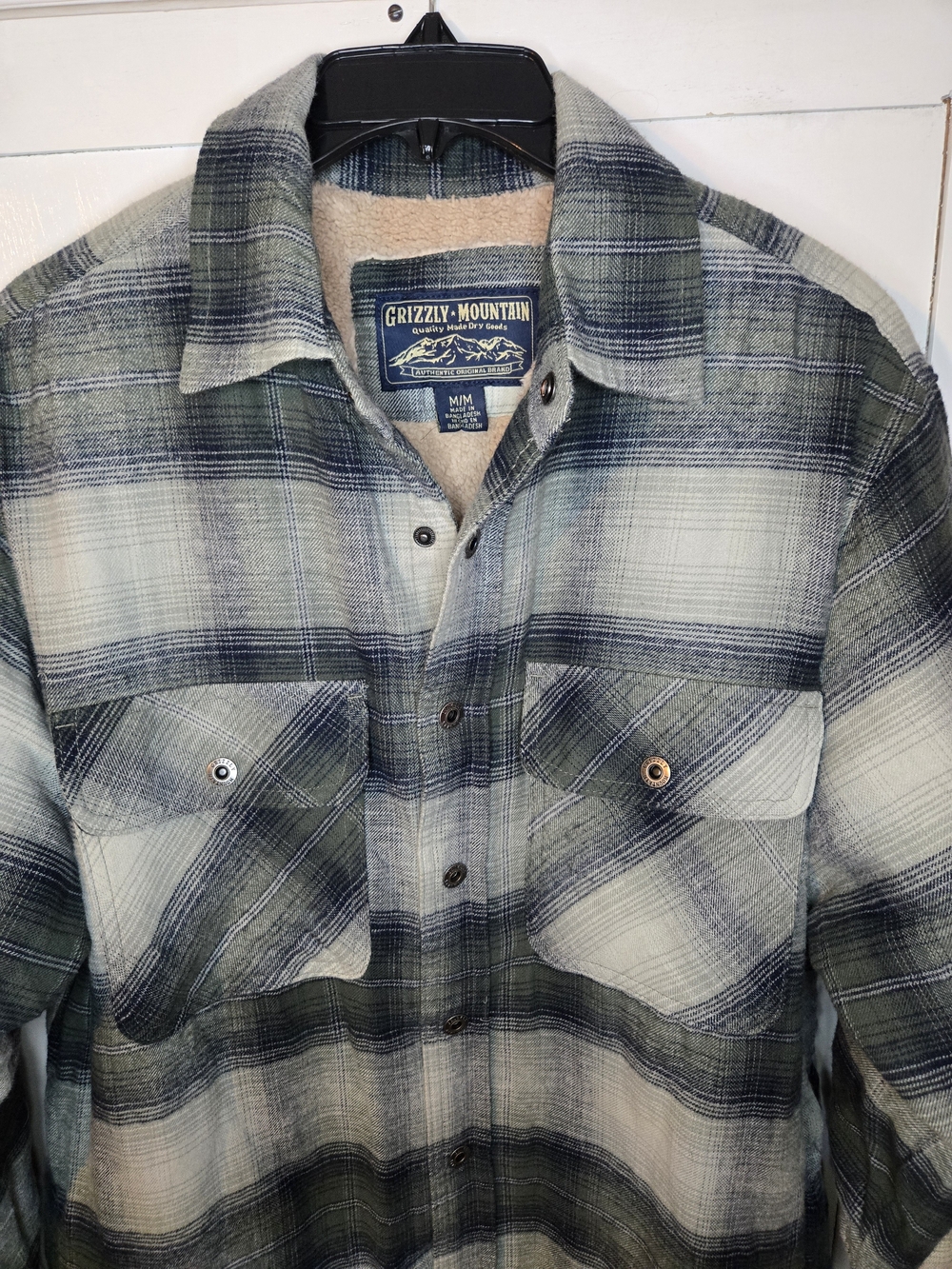 Grizzly Mountain Men M Sherpa Lined Flannel Shirt Jacket Green Plaid Shacket